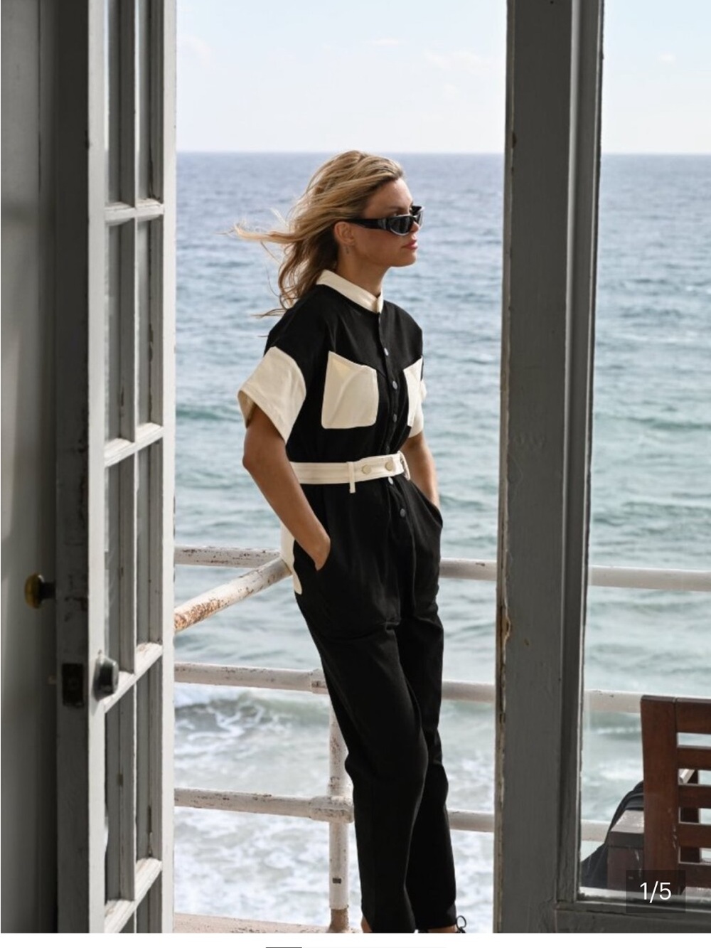 Contrast Pocket Belted Black Jumpsuit with Cream Trim